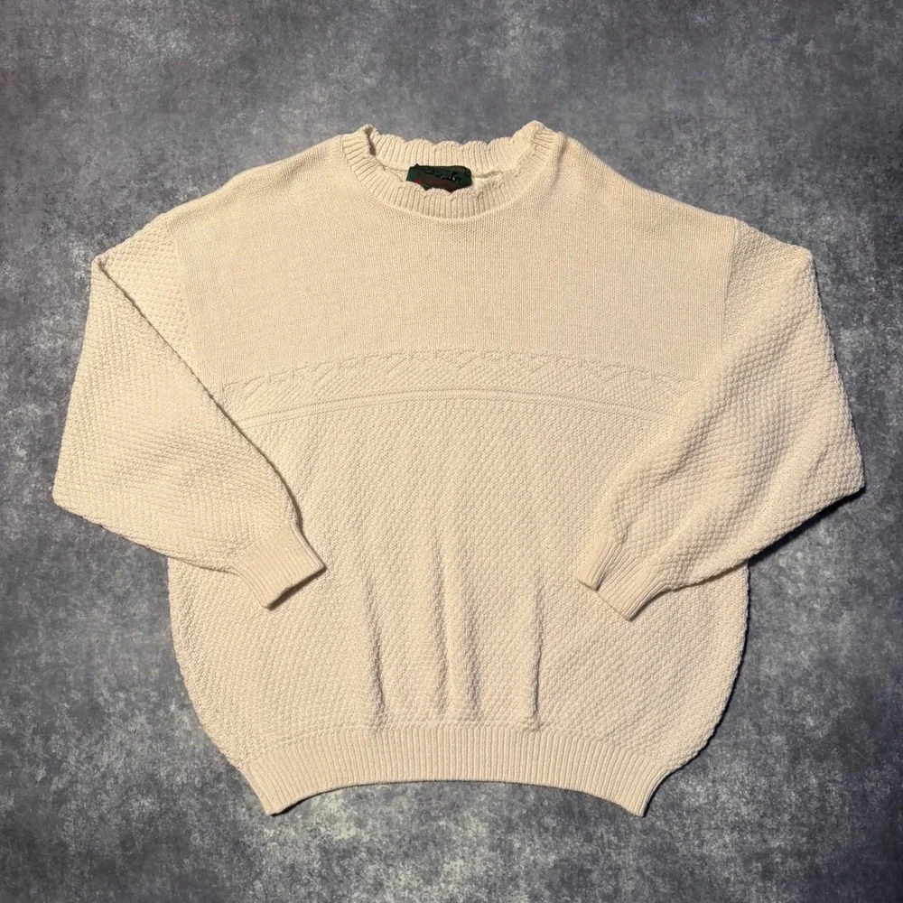 Vintage 3D Knit Sweater White Men's Large Crew‎ Neck Long Sleeve Size XL